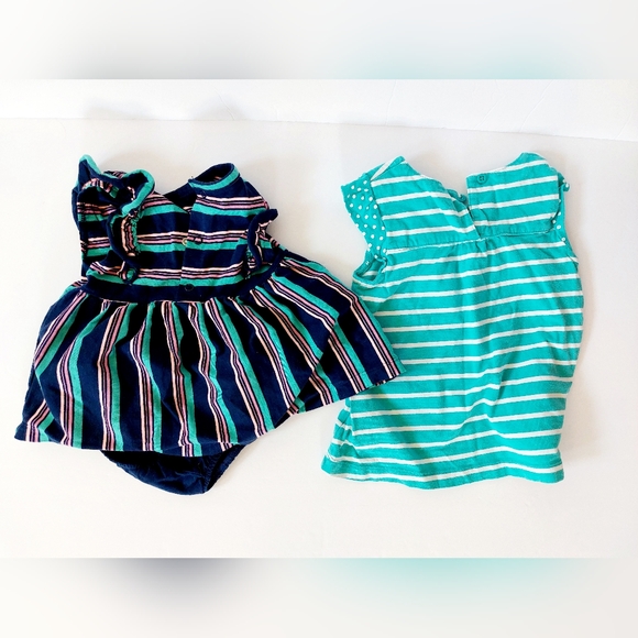 Set‎ of 2 Stripe Dresses Aqua & Navy Blue 18 months Carters with 1 pair Bloomers - Picture 2 of 3